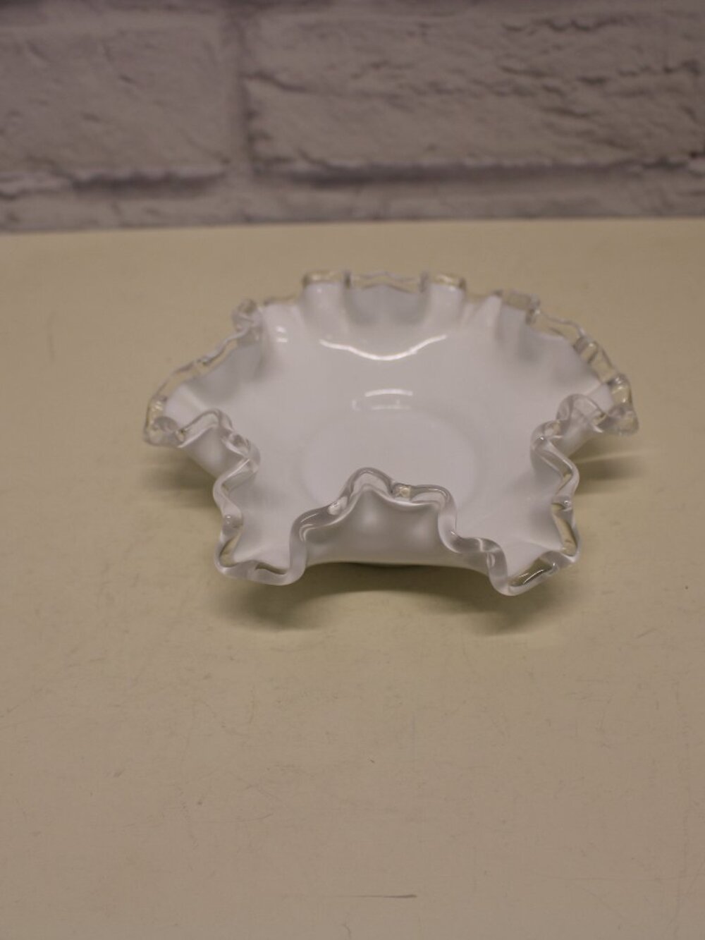 Vintage Fenton Silver Crest White Milk Glass Crimped Dish Table Top Candy Dish